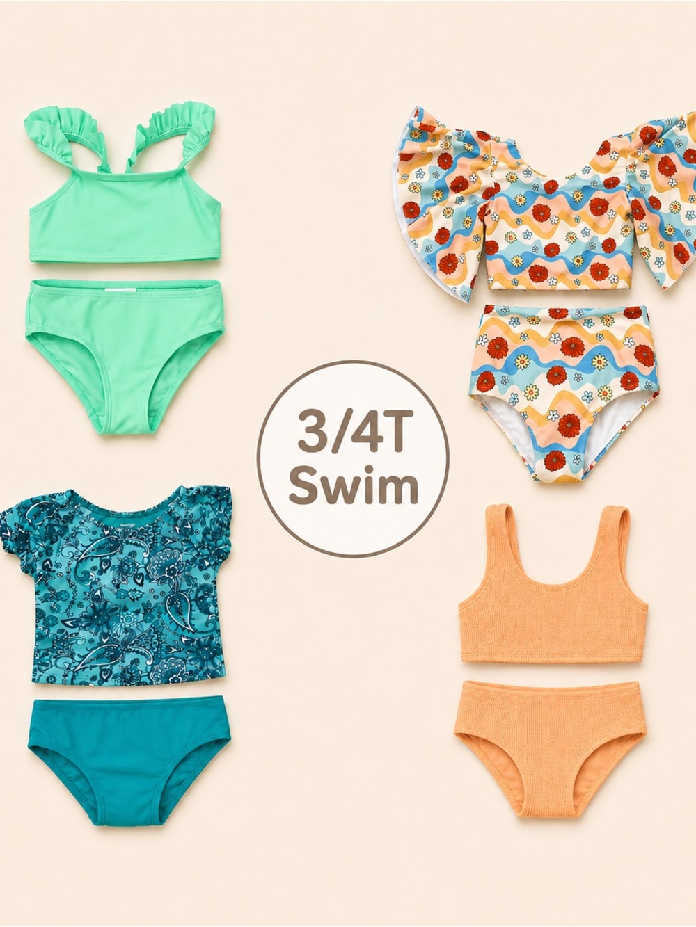 Girls 3/4T Swim Suit LOT / Colorful Two Piece Bathing Suit / Bright Swimsuit